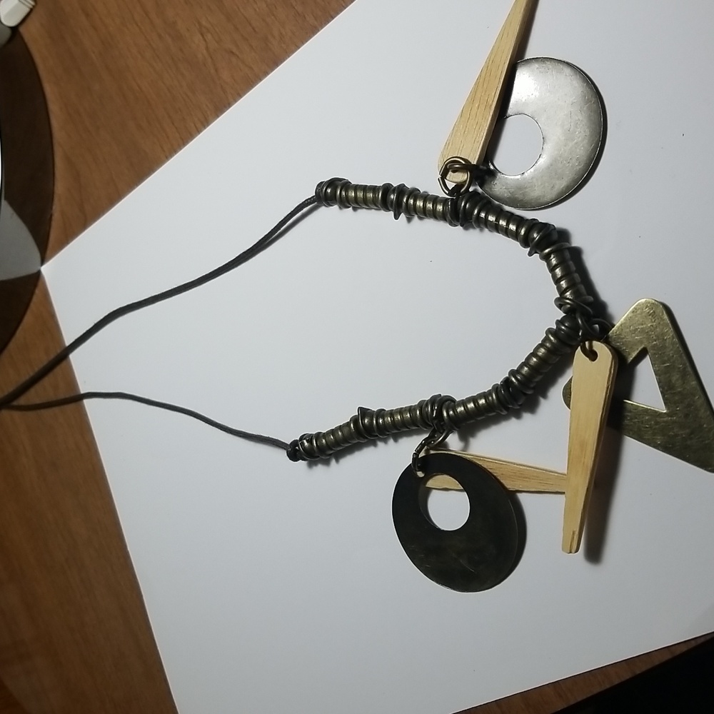 Wood & Metal Chunky Wood Pendant  Necklace